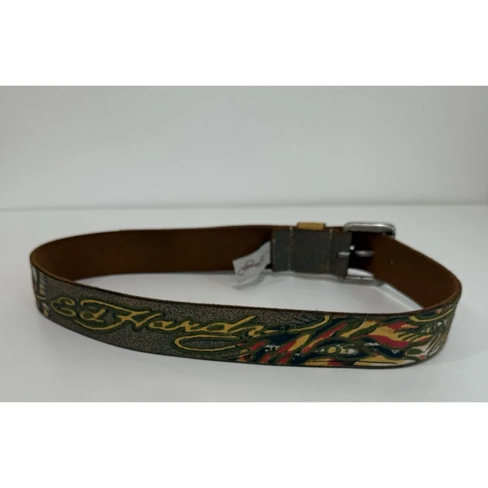 Ed Hardy‎ Distressed Panther Graphic Leather Belt Men's Sz Small